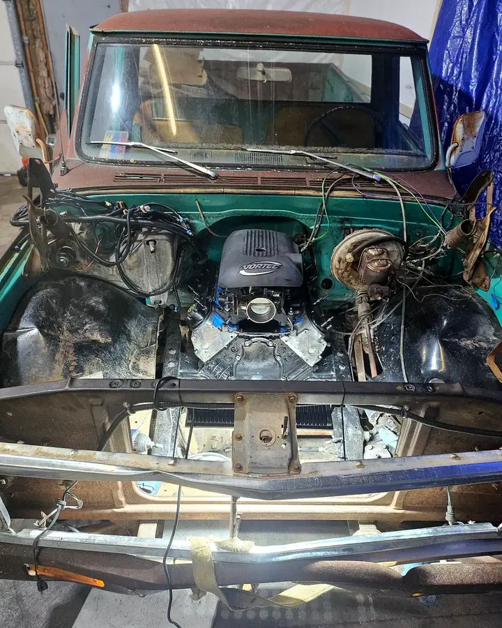 Pickup LS mock-up — Engine placement, harness routing and component clearance during the swap.